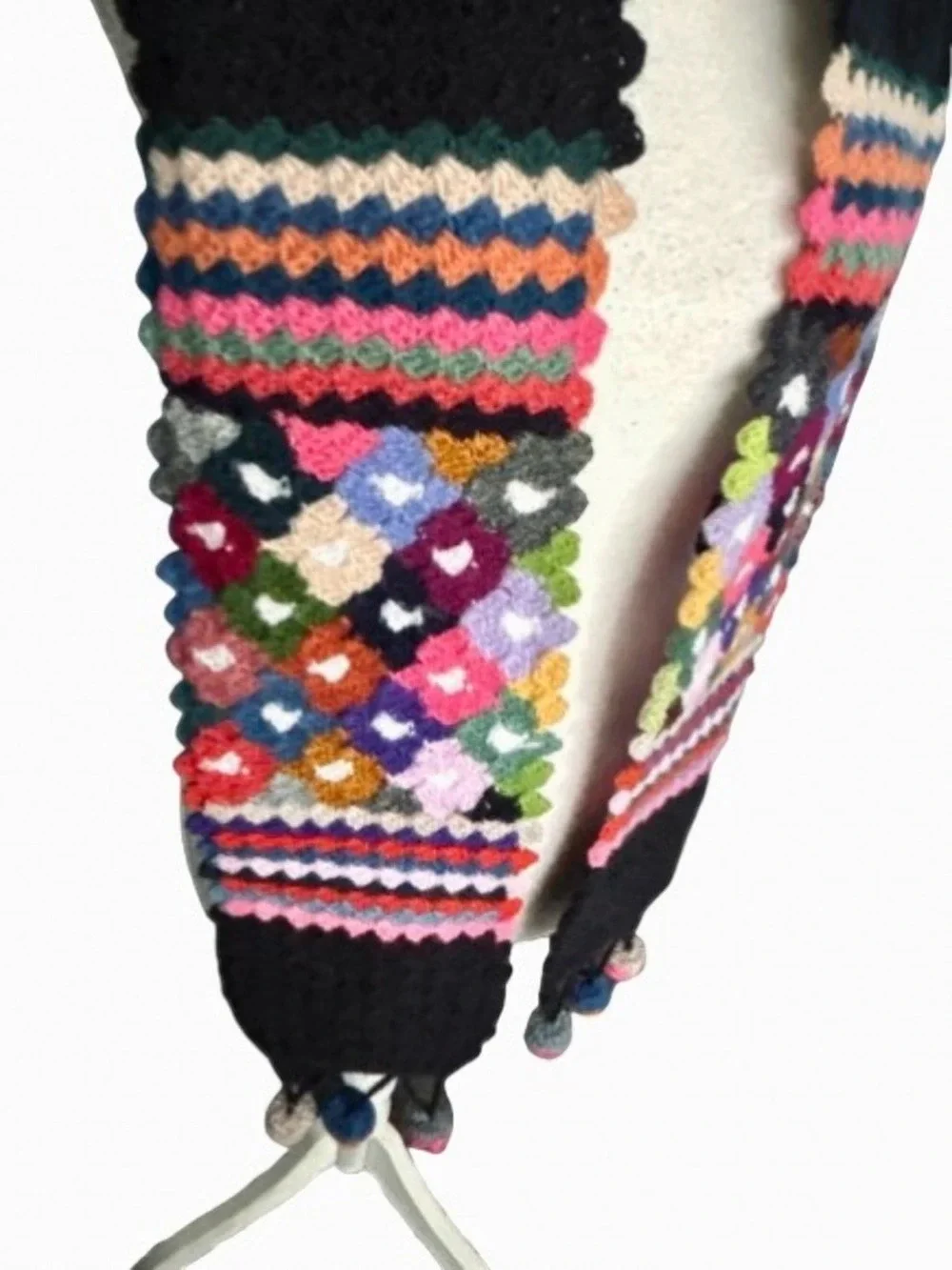 Pom Poms bohemian Woodstock Crochet Scarf Multicolor Floral Boho Fall Snow